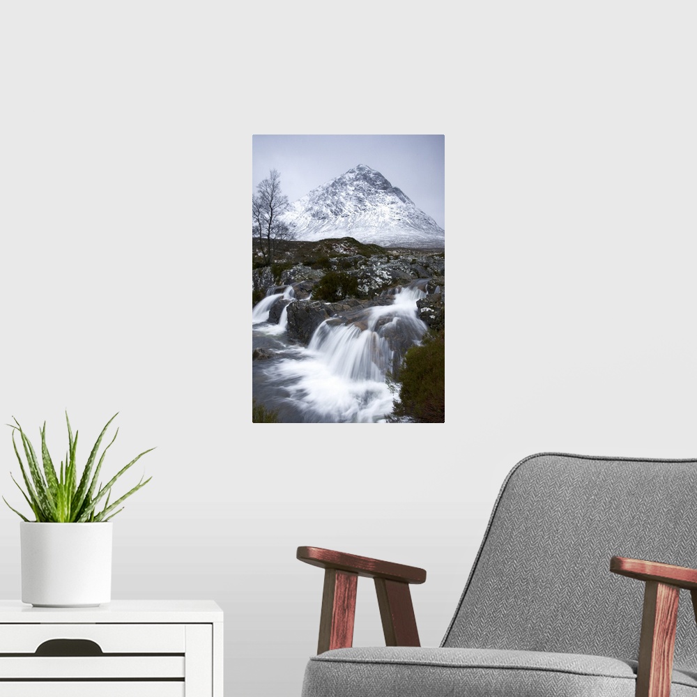 A modern room featuring Coupall Falls and Buachaille Etive Mor in winter, Glencoe, Scotland, UK