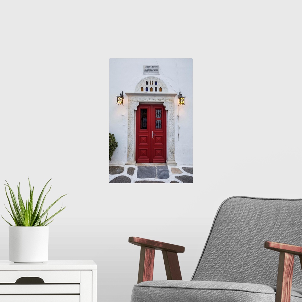 A modern room featuring Door of chapel, Mykonos Town, Mykonos, Cyclade Islands, Greece.