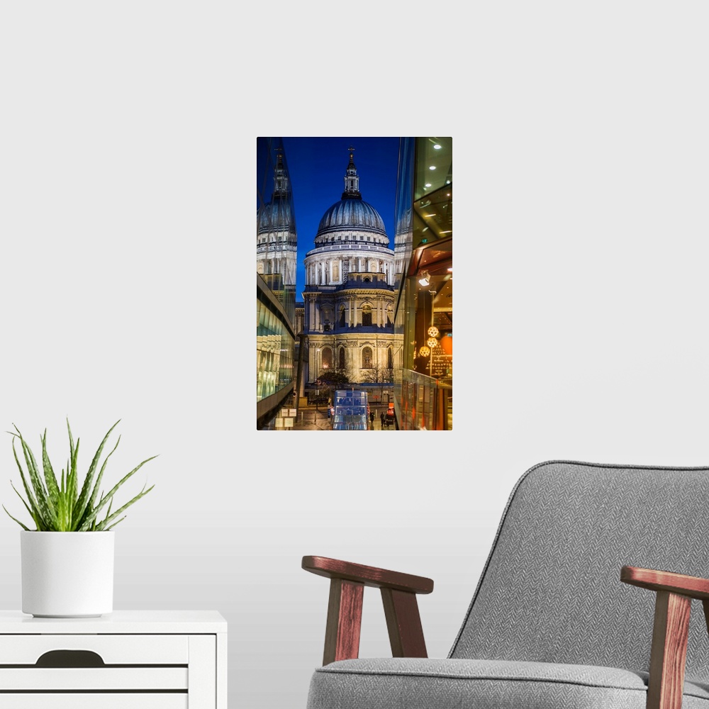 A modern room featuring England, London, The City, St. Paul's Cathedral from One New Change, dusk