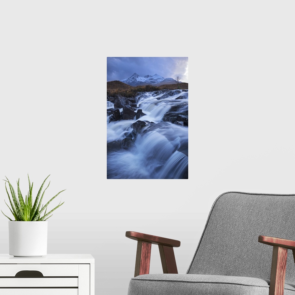 A modern room featuring Waterfall on the River Sligachan with Sgurr nan Gillean mountain in the background, Isle of Skye,...