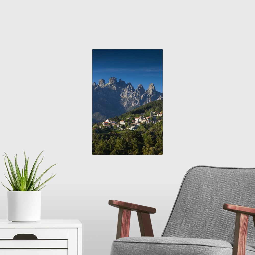 A modern room featuring France, Corsica, Corse-du-Sud Department, La Alta Rocca Region, Zonza, elevated town view with th...