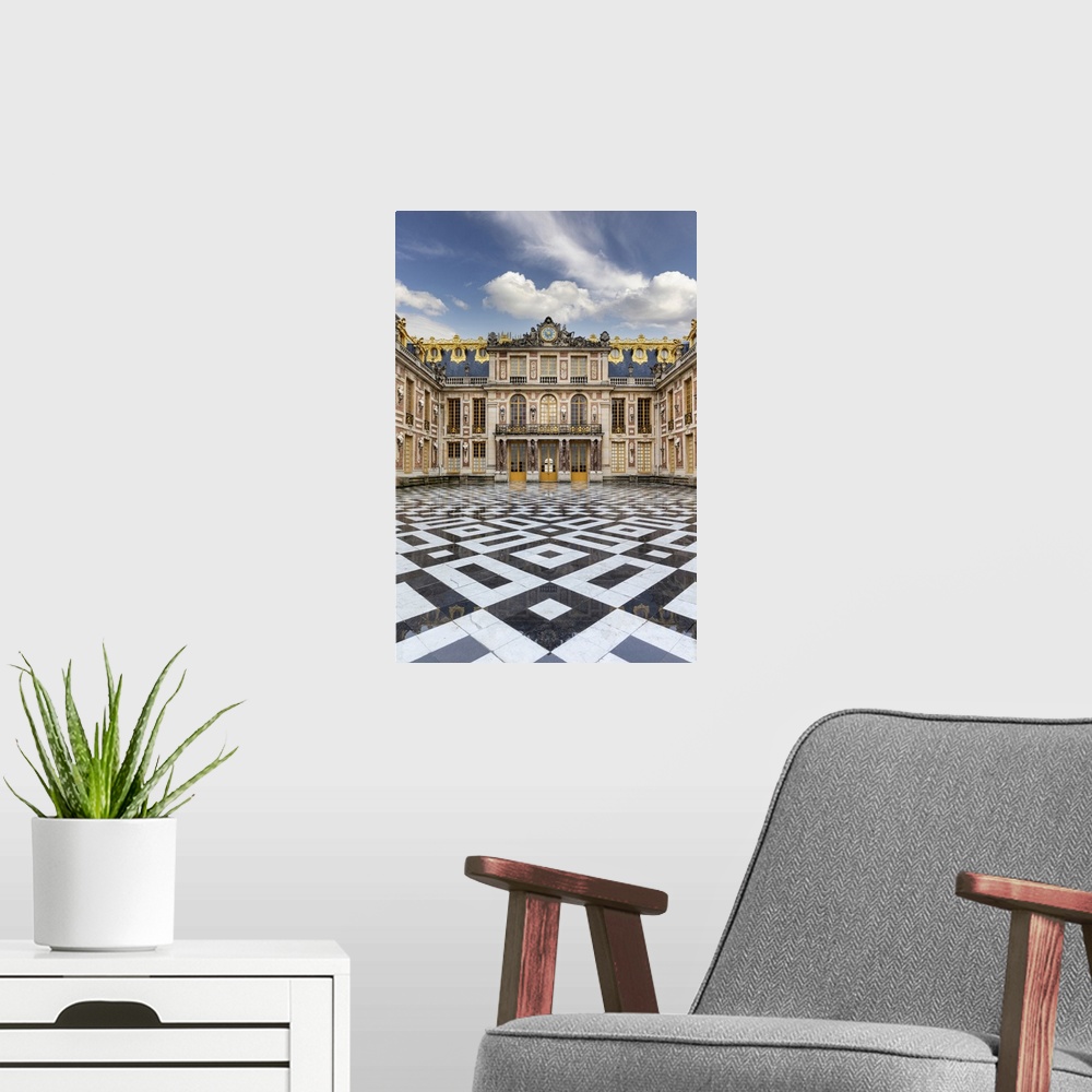 A modern room featuring France, Ile-de-France, Yvelines, Versailles, Palace of Versailles, the marble Courtyard.