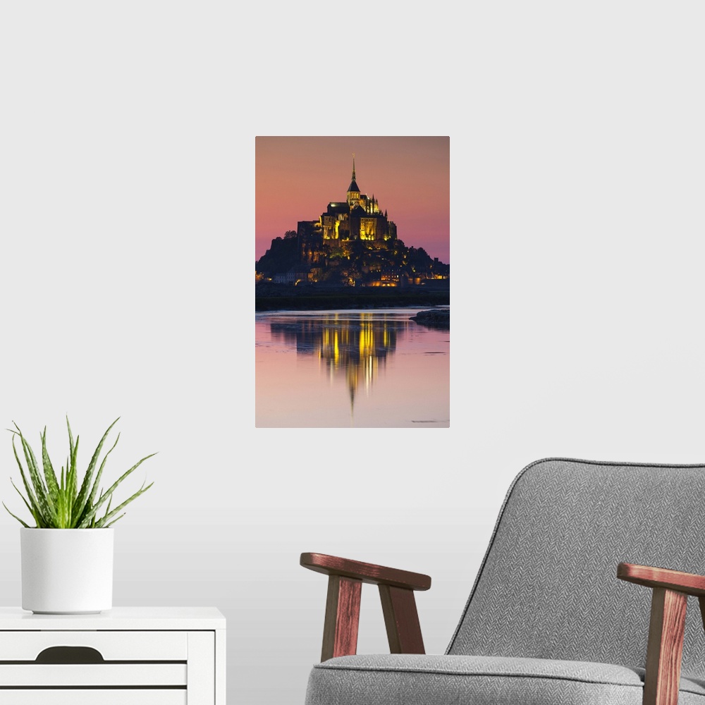 A modern room featuring France, Normandy Region, Manche Department, Mont St-Michel, dusk