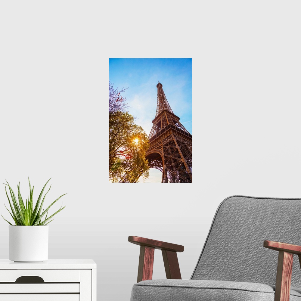 A modern room featuring France, Paris, Eiffel Tower, sun behind tree.