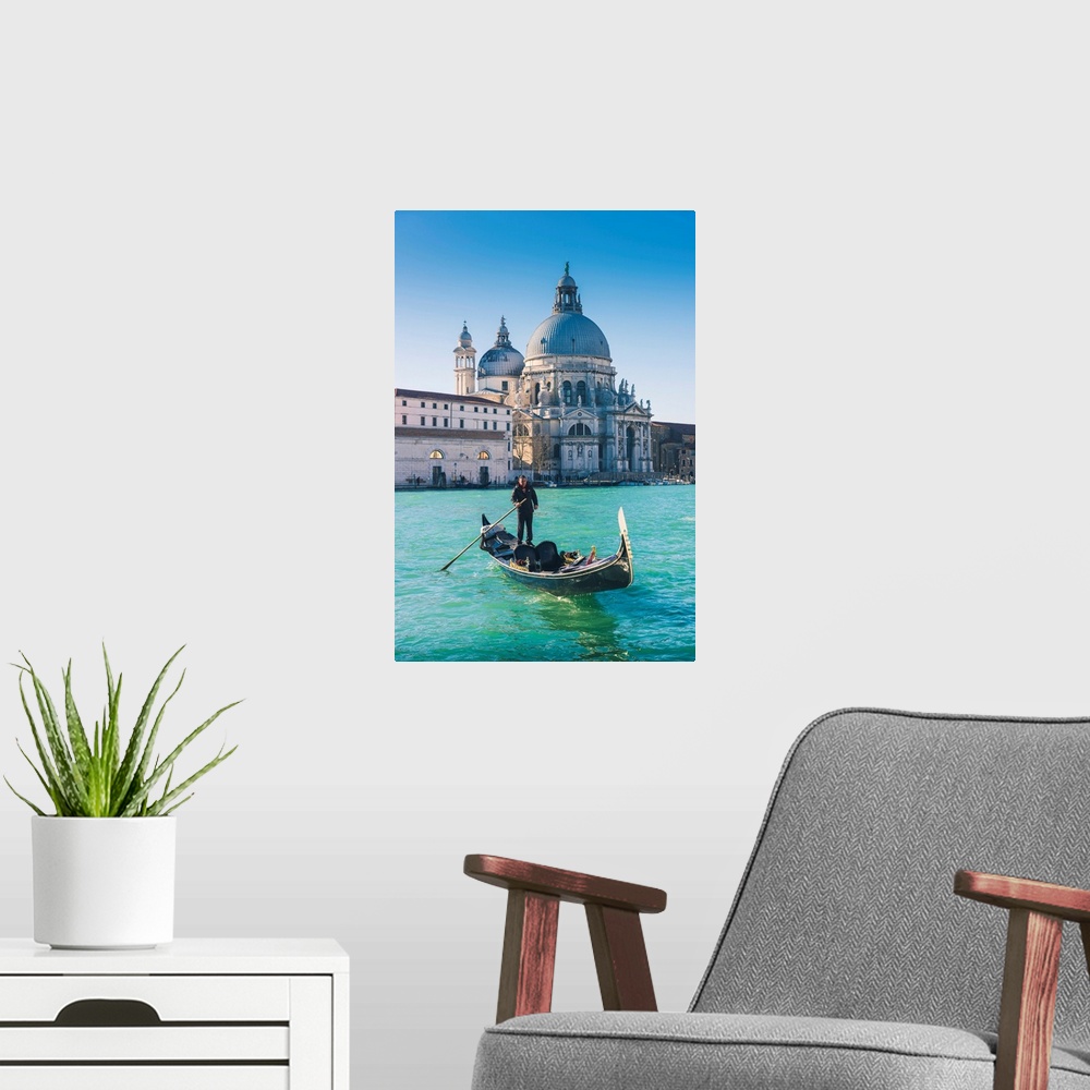 A modern room featuring Venice, Veneto, Italy. Gondola Over The Grand Canal With The Salute (St Mary Of Health) Basilica ...