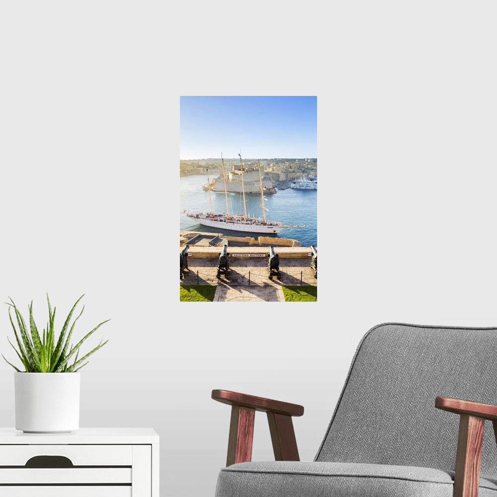 A modern room featuring Malta, South Eastern Region, Valletta. The view across Grand Harbour to Fort St Angelo from the S...