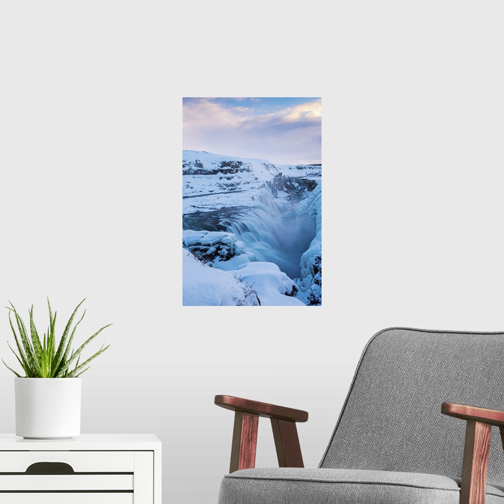 A modern room featuring Iceland, Europe. Frozen Gullfoss waterfall in wintertime.