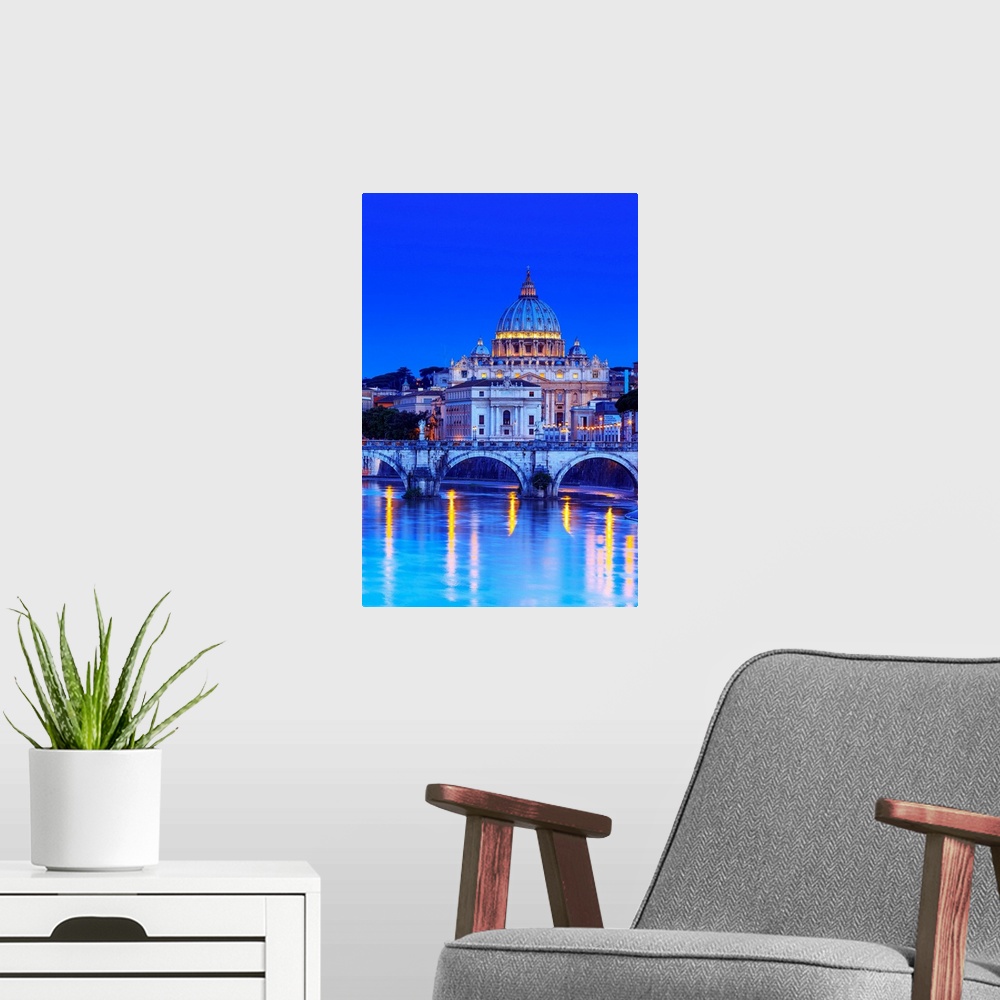 A modern room featuring Italy, Rome, St. Peter Basilica by night reflecting on Tevere river