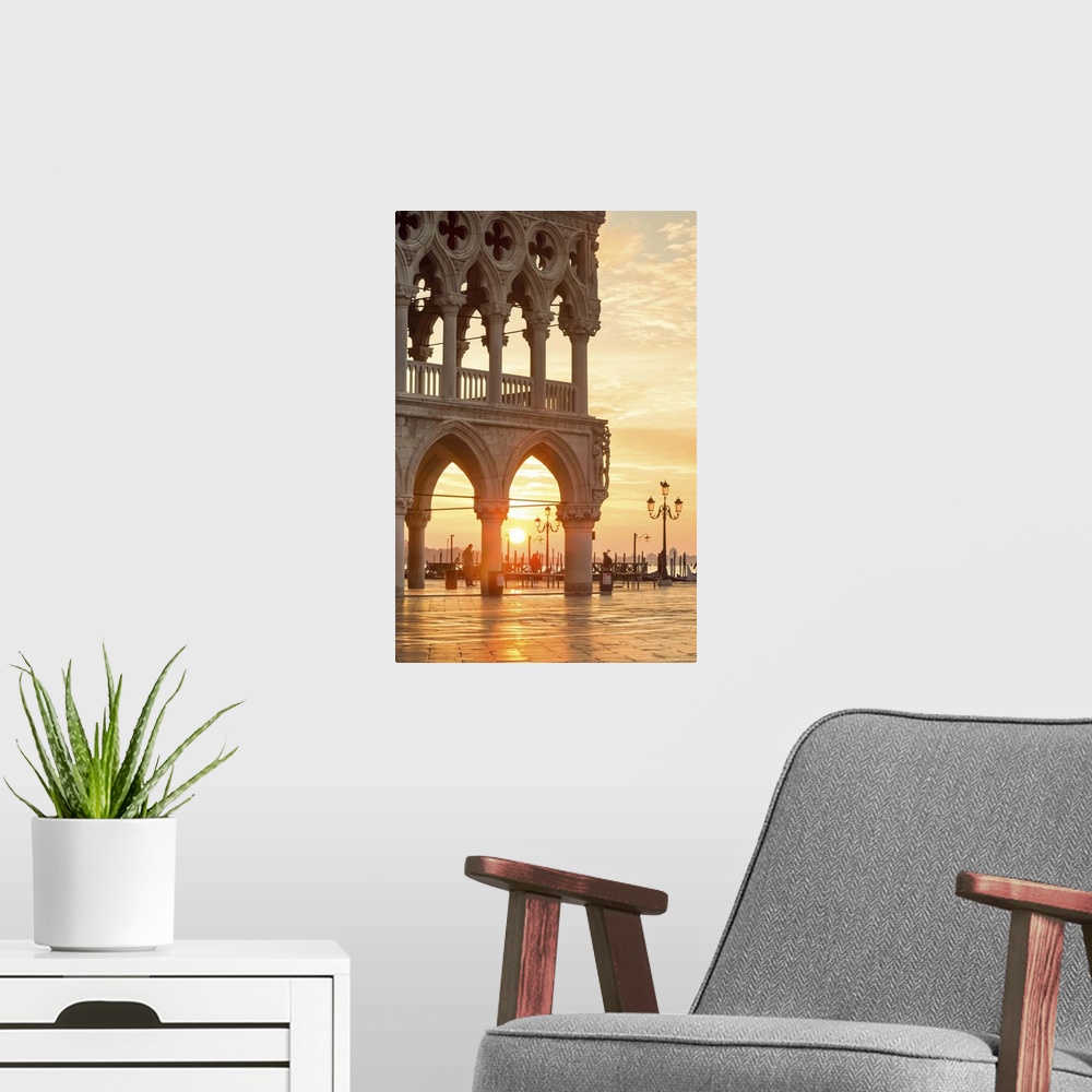 A modern room featuring Italy, Veneto, Venice. Sunrise over Piazzetta San Marco and Doges palace