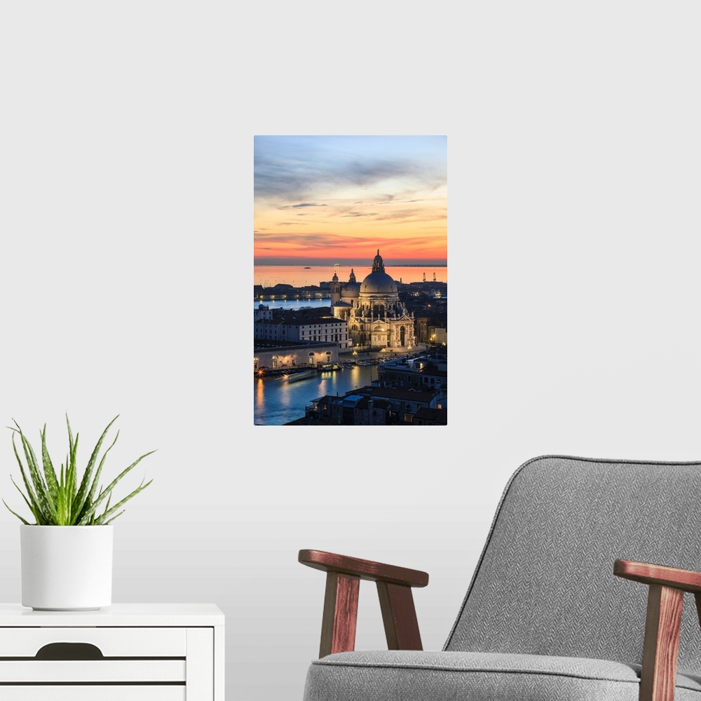 A modern room featuring Italy, Venice, Santa Maria della salute church from the Campanile at sunset