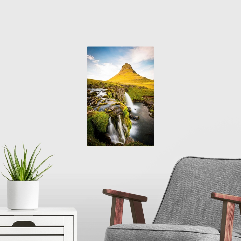 A modern room featuring Kirkjufell Mountain, Snaefellsnes peninsula, Iceland. Landscape with waterfalls, long exposure on...