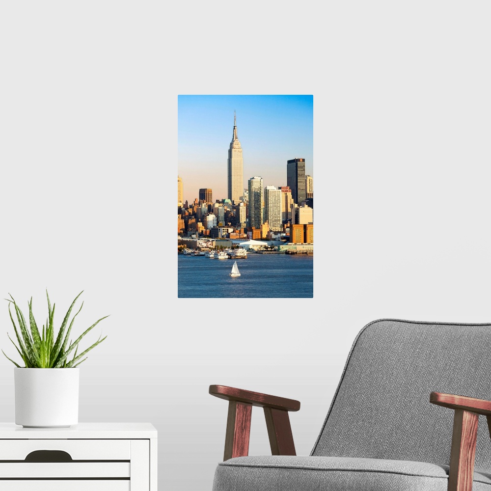 A modern room featuring Manhattan, view of Midtown Manhattan across the Hudson River, New York, United States of America
