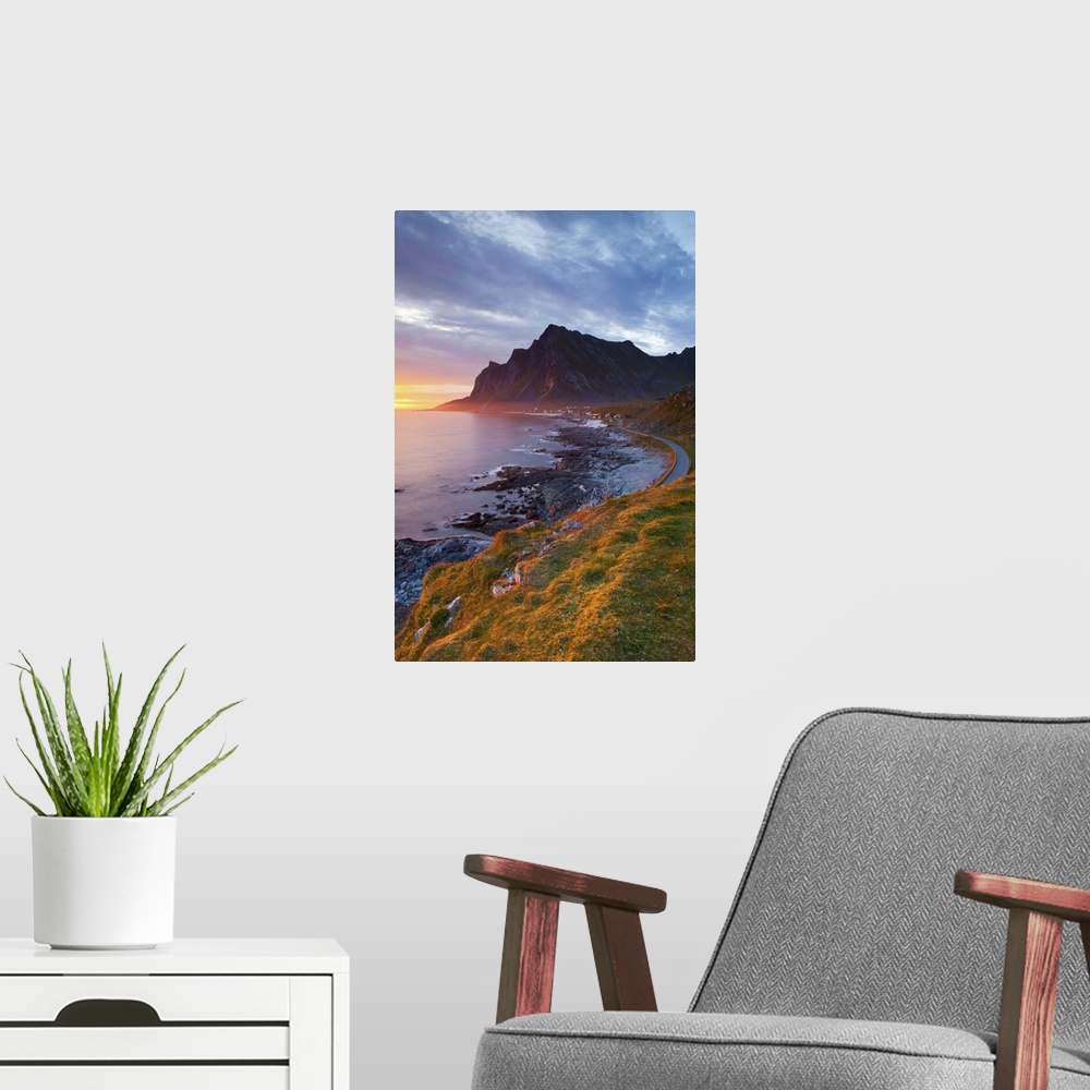 A modern room featuring Mightnight Sun over Dramatic Coastal landscape, Vikten, Flakstadsoya, Lofoten, Nordland, Norway