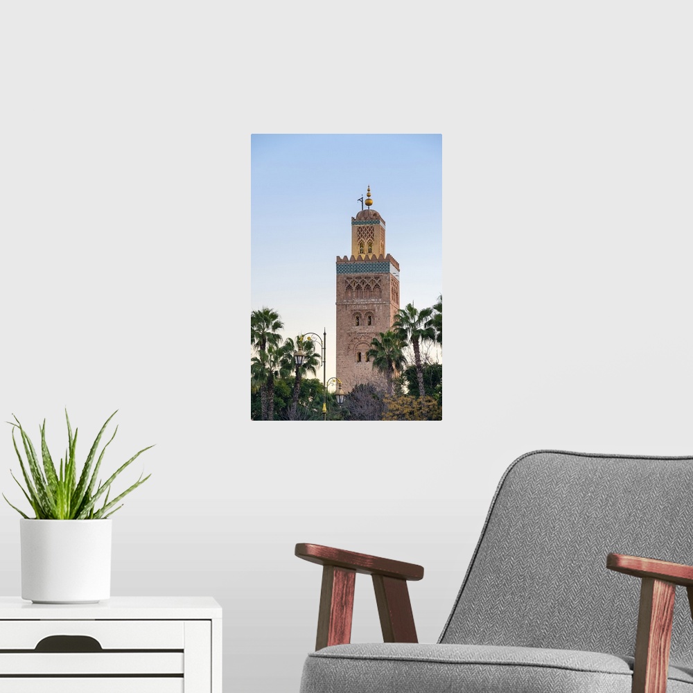 A modern room featuring Morocco, Marrakech-Safi (Marrakesh-Tensift-El Haouz) region, Marrakesh. Minaret of 12th century K...