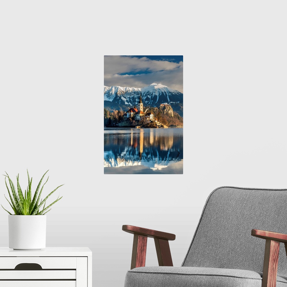 A modern room featuring Morning Sunlight Over Church Of The Assumption Of Mary, Lake Bled, Upper Carniola, Slovenia