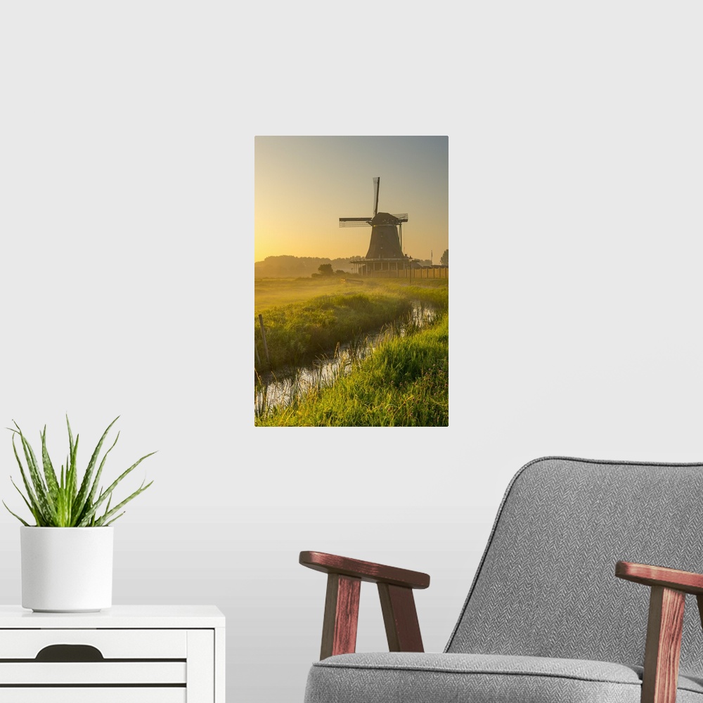 A modern room featuring Netherlands, North Holland, Zaandam, Zaanse Schans, The Seeker (De Zoeker) Oilmill at sunrise