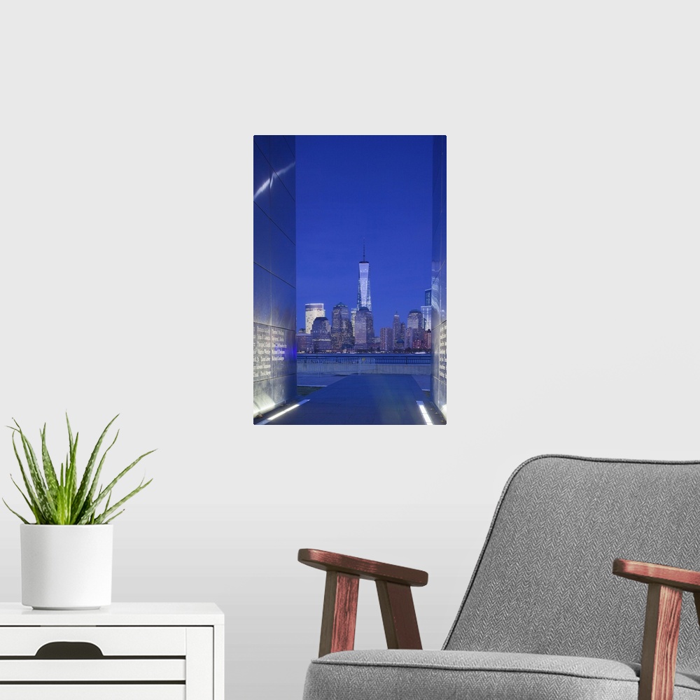 A modern room featuring USA, New Jersey, Jersey City, Liberty State Park, view through 9/11 memorial, Empty Sky, dusk
