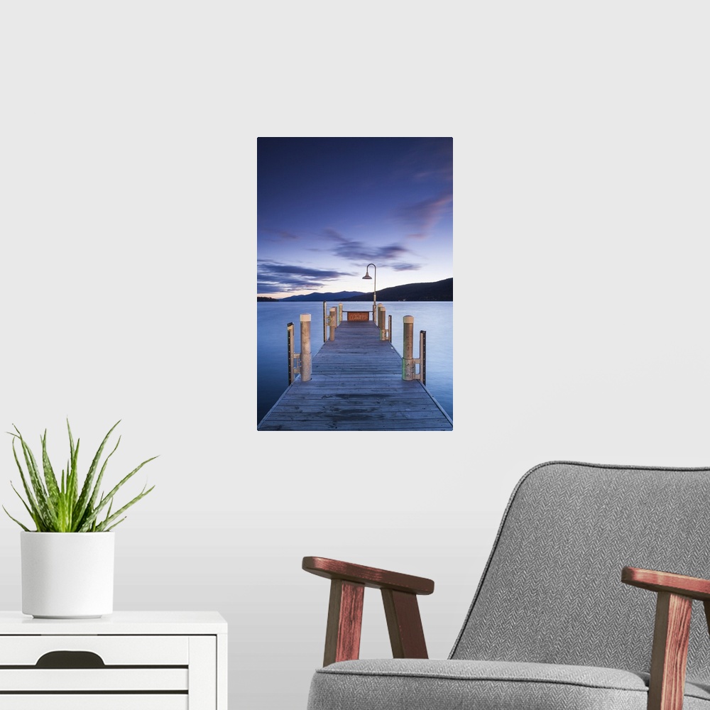 A modern room featuring USA, New York, Adirondack Mountains, Lake George, boat pier, dawn