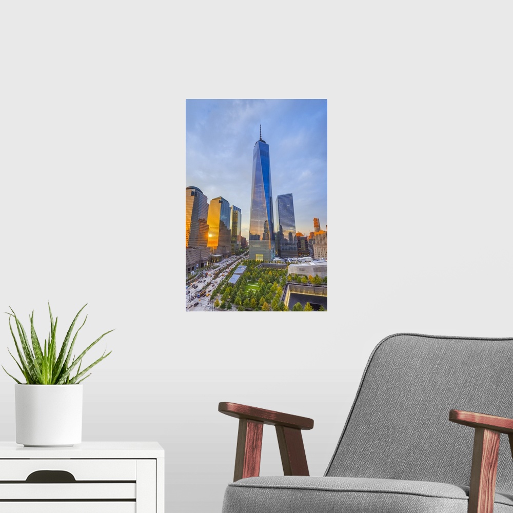 A modern room featuring USA, New York, Manhattan, Downtown, World Trade Center, Freedom Tower or One World Trade Center.