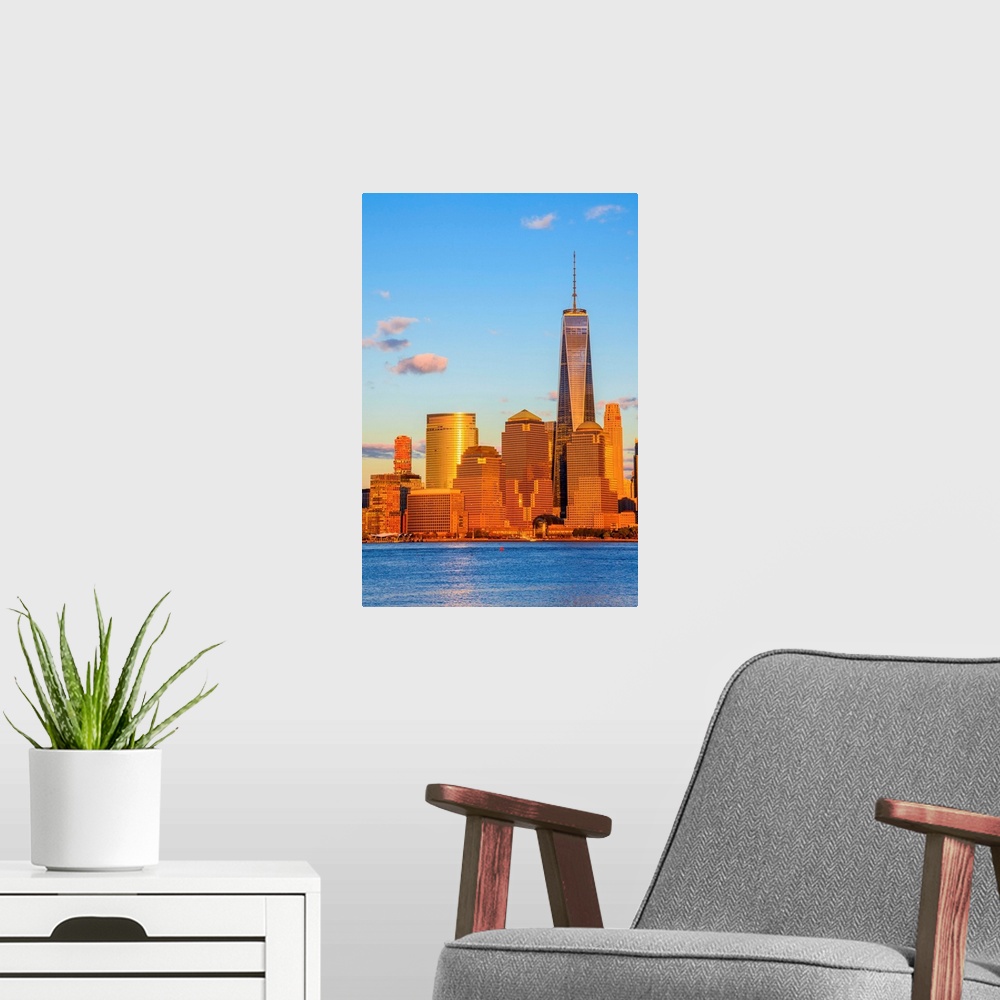 A modern room featuring USA, New York, Manhattan, Lower Manhattan and World Trade Center, Freedom Tower.