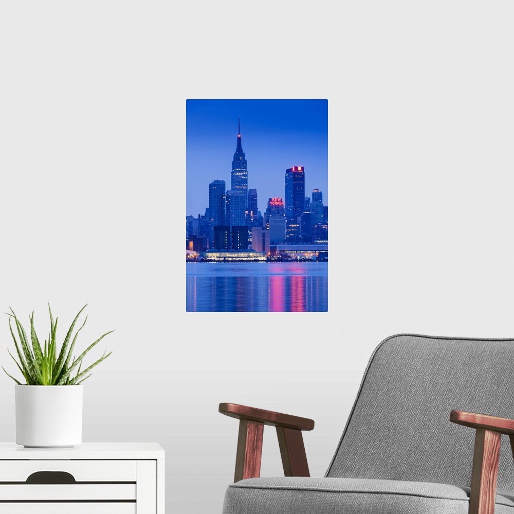 A modern room featuring USA, New York, New York City, midtown Manhattan from Weehawken, New Jersey, dawn