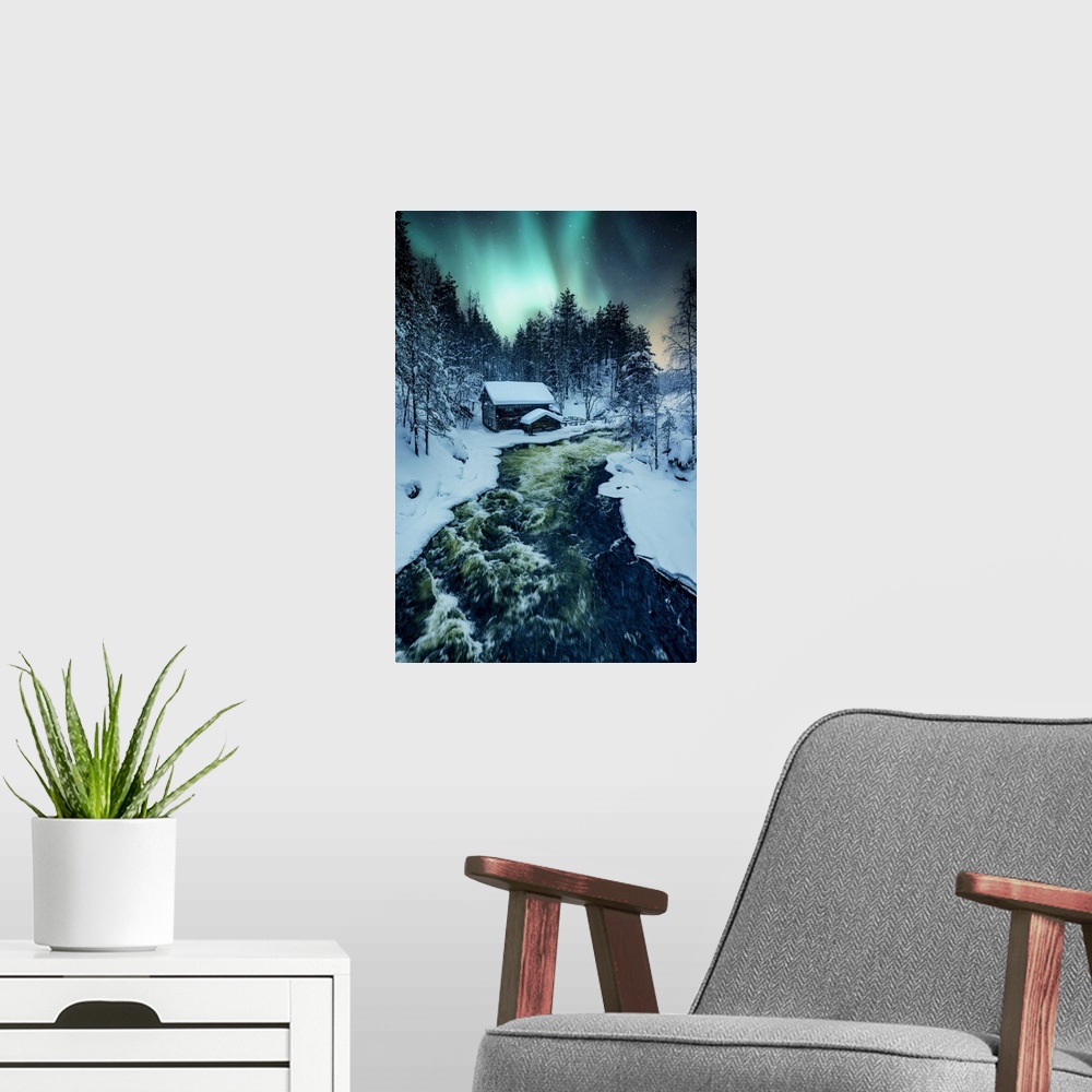 A modern room featuring Northern lights over Myllykoski Mill and Myllytupa gorge at Oulanka National Park in winter, Oulu...