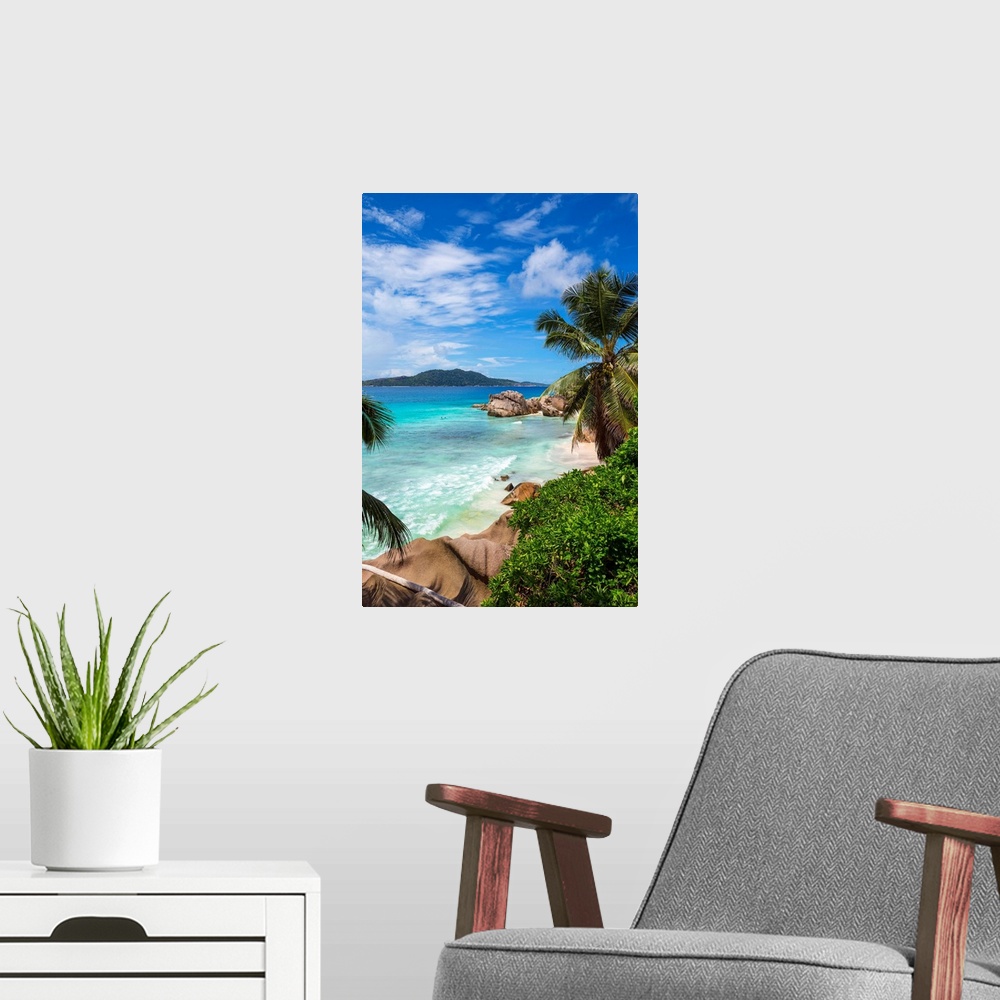 A modern room featuring Palm trees and tropical beach, La Digue, Seychelles.