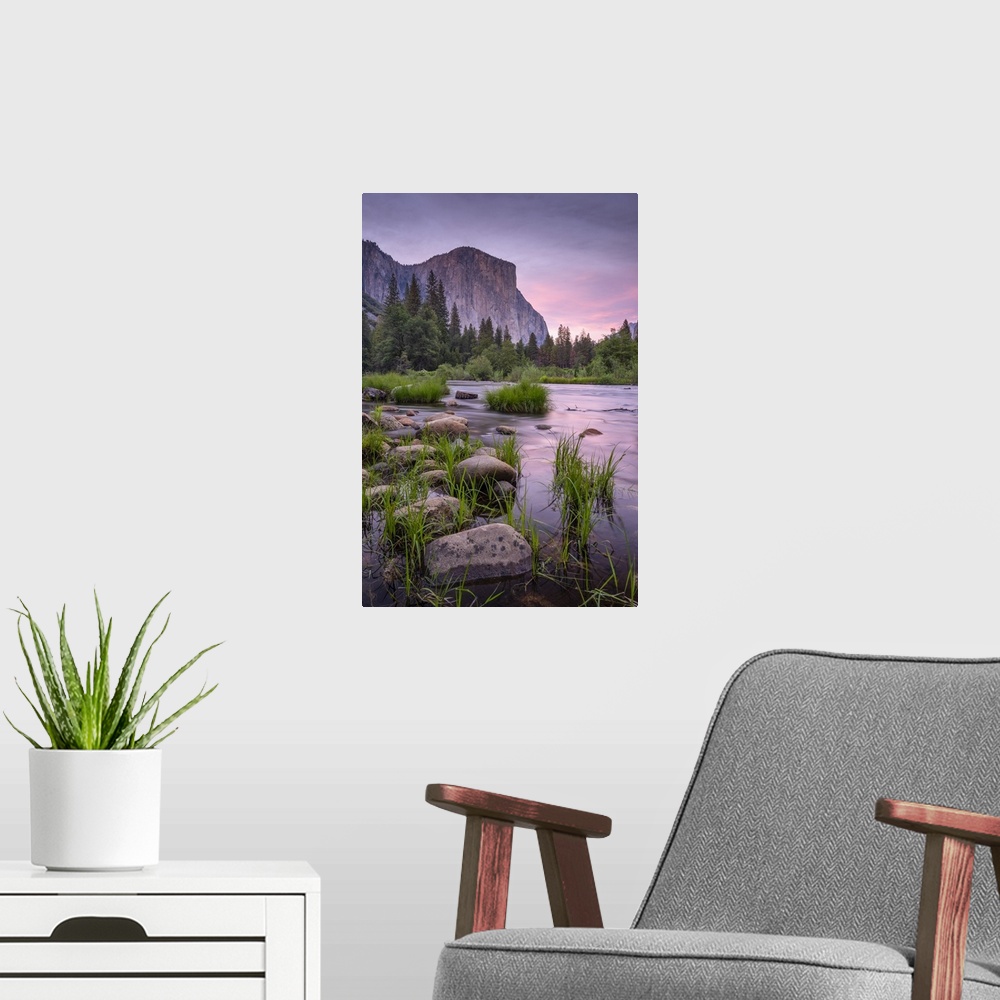 A modern room featuring Pink twilight over the River Merced at Valley View, Yosemite National Park, California, USA. Spring