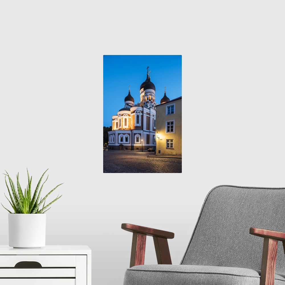 A modern room featuring Exterior of Russian Orthodox Alexander Nevsky Cathedral at night, Toompea, Old Town, Tallinn, Est...