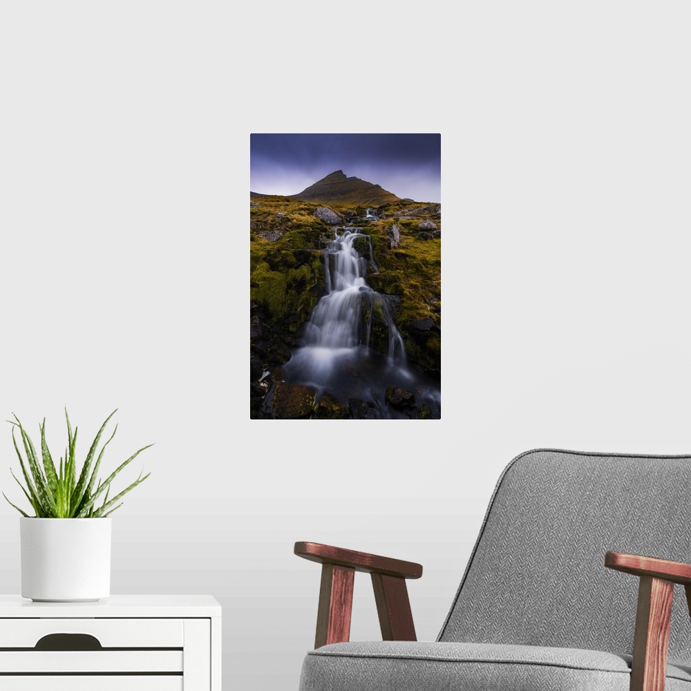 A modern room featuring Slaettaratindur mountain and waterfall near Gjogv, Sunda municipality, Eysturoy, Faroe Islands, D...