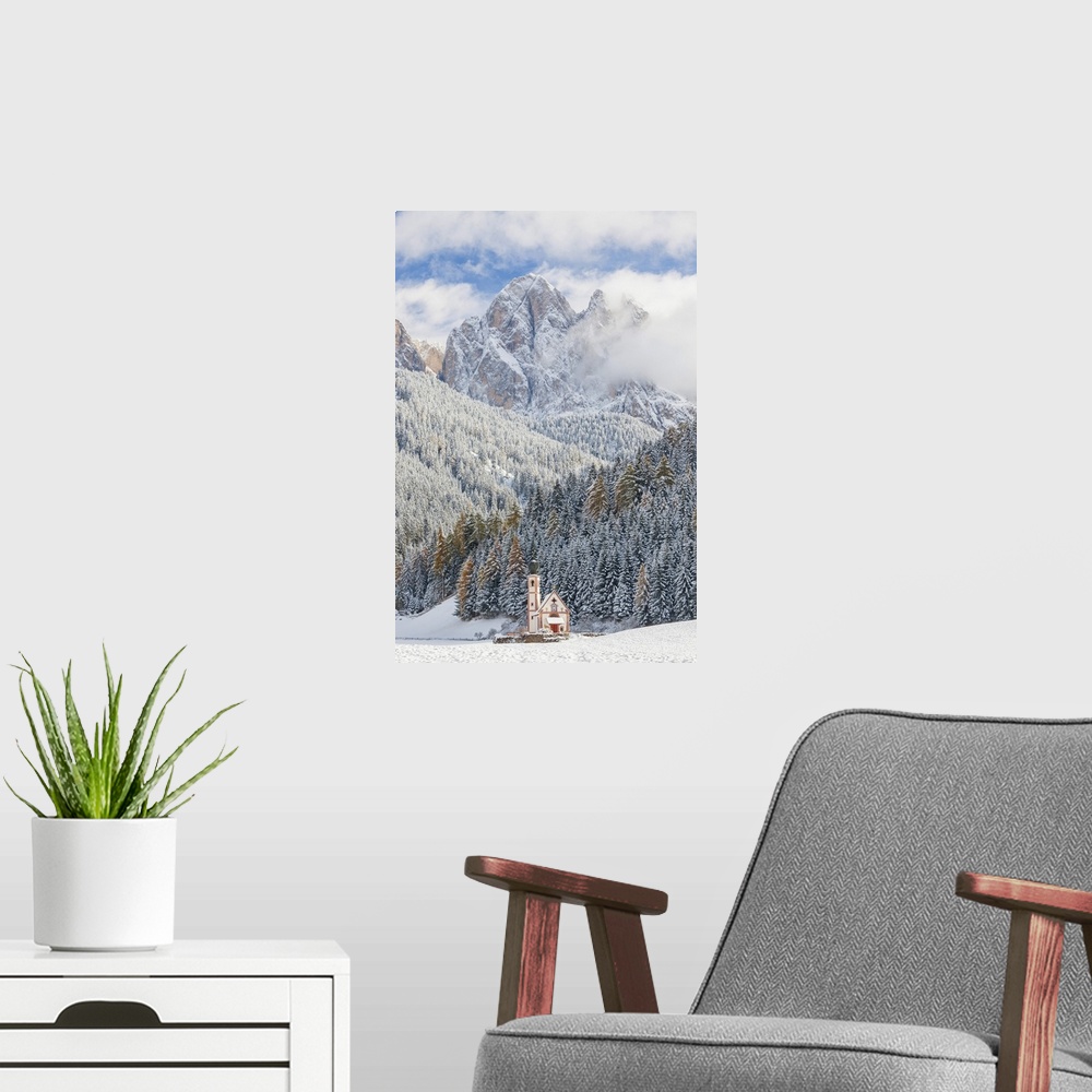 A modern room featuring Snow, winter, St Johann Church, Val di Funes, Dolomites, Italy