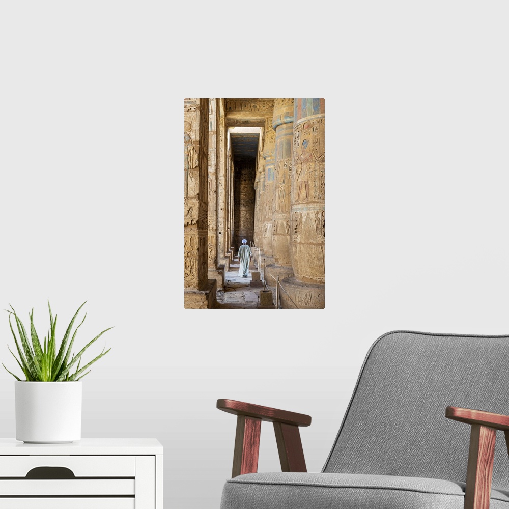 A modern room featuring Temple guardian at the temple of Ramses III on the West bank of the Nile at Luxor, Egypt, Africa