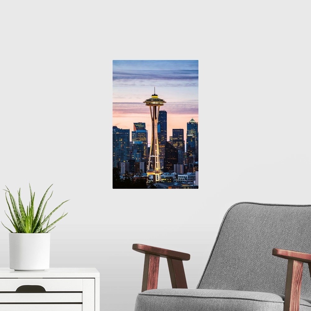 A modern room featuring The Space Needle And Skyline At Dawn, Seattle, Washington, USA