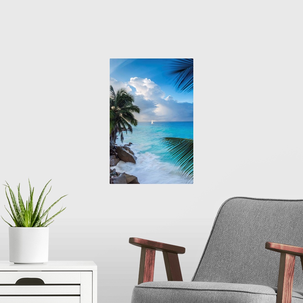 A modern room featuring Tropical beach, La Digue, Seychelles.