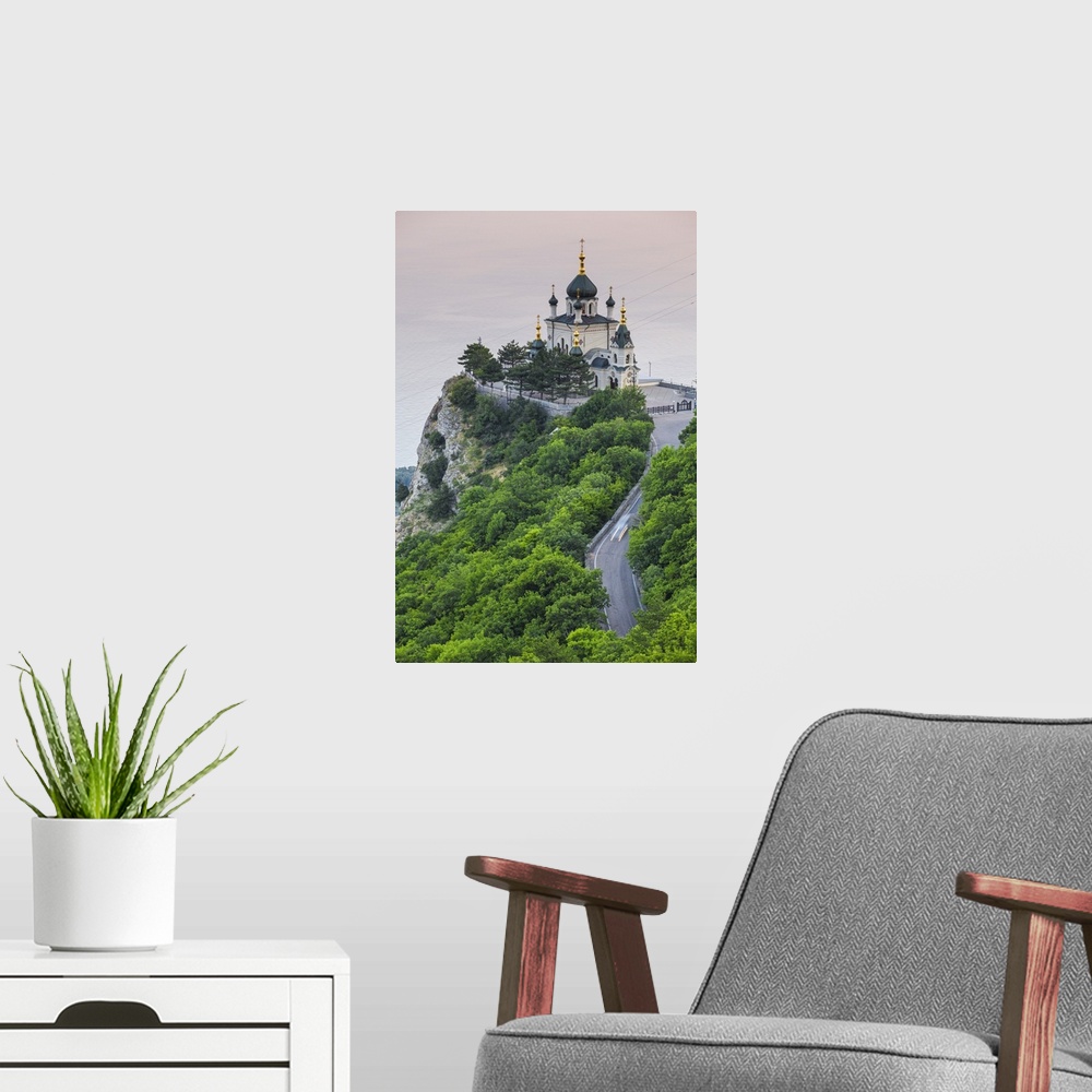 A modern room featuring Ukraine, Crimea, Foros, Foros church sitting on top of a cliff overlooking the Black Sea