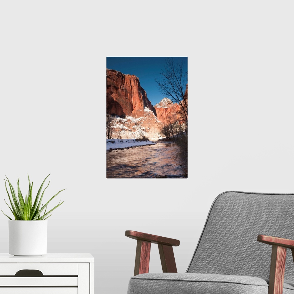 A modern room featuring USA, Utah, Zion National Park, Landscape by the North Fork Virgin River, winter