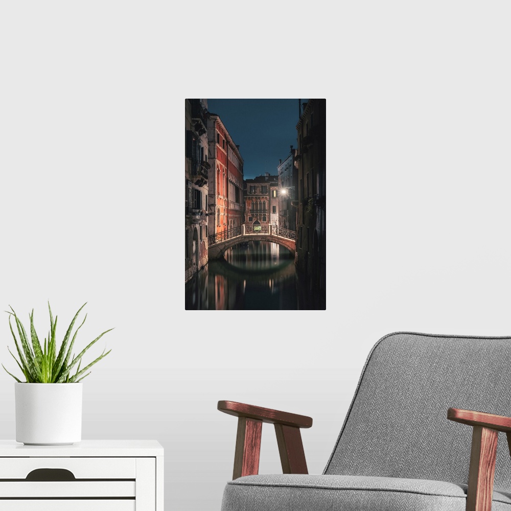 A modern room featuring Venice, Veneto, Italy, Backstreet canals in San Marco at night.