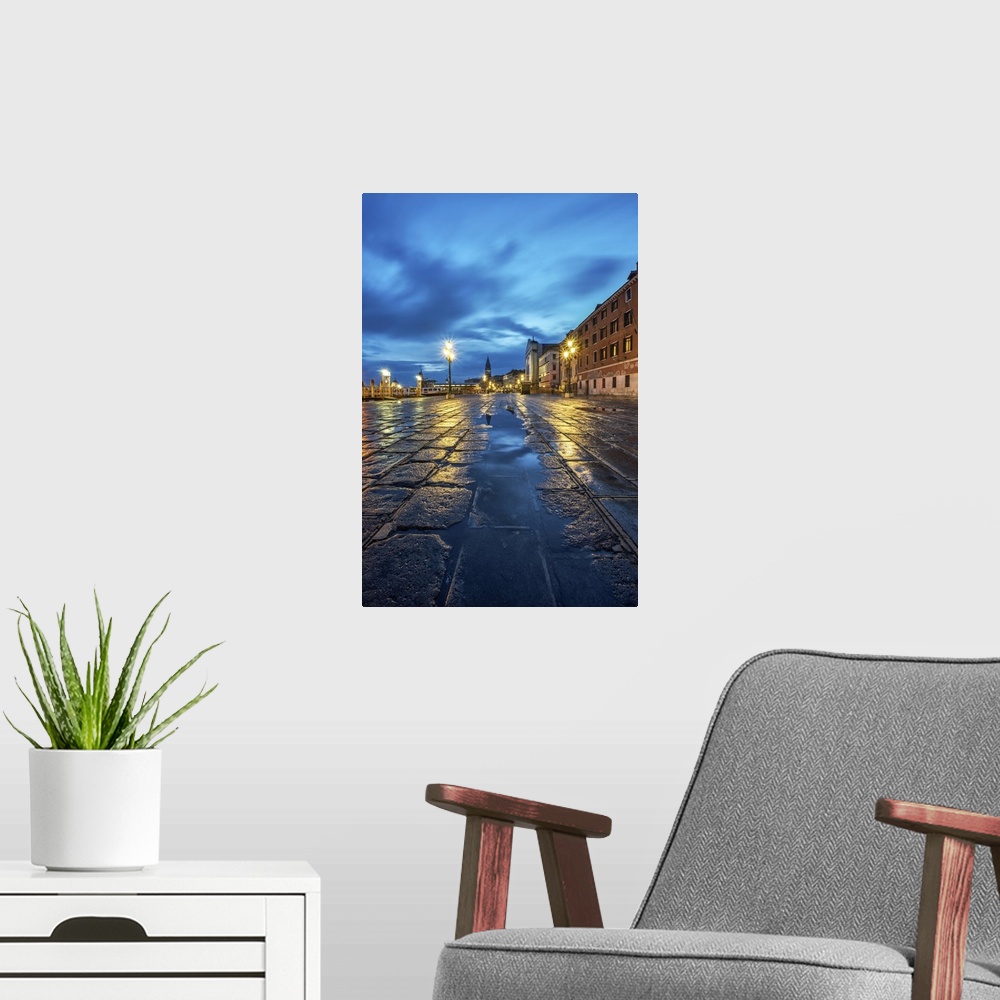 A modern room featuring Venice, Veneto, Italy. Blue hour at Riva degli Schiavoni, Venice.