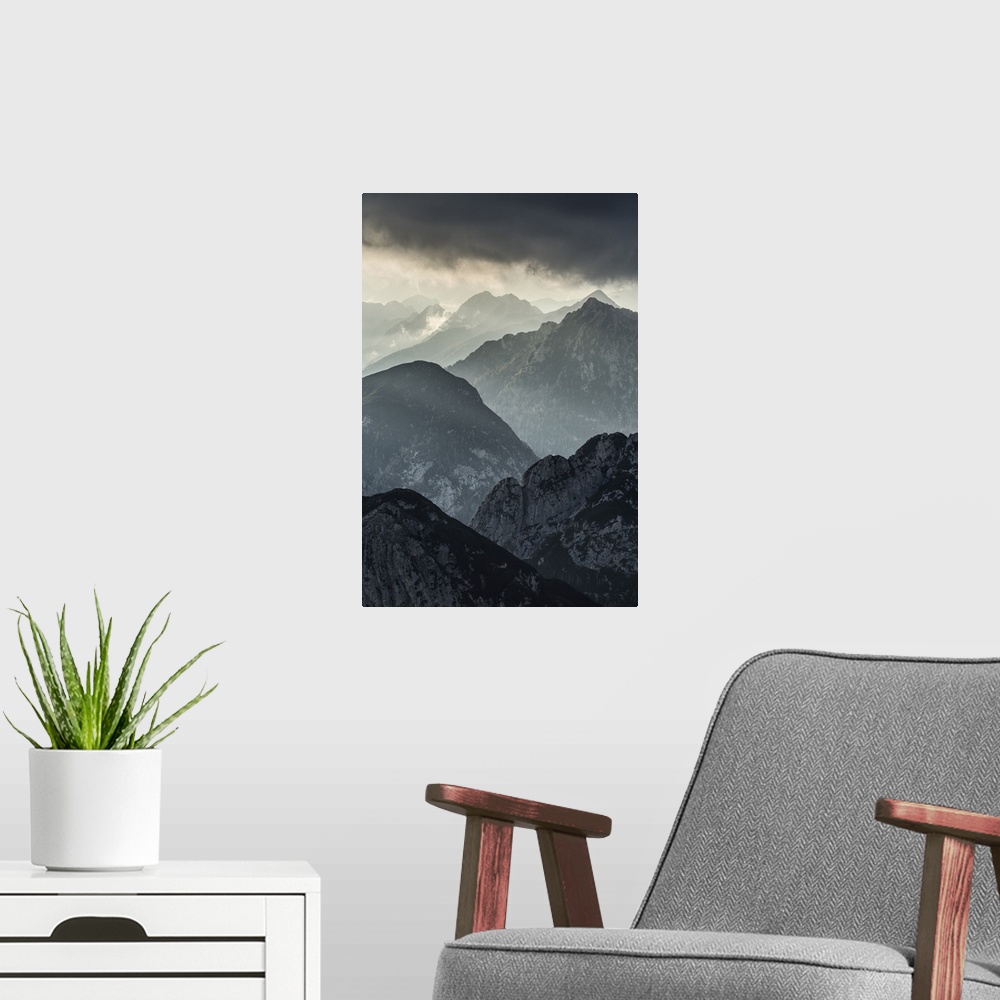 A modern room featuring View of the Austrian Alps from Mangrt, Slovenia. Central & Eastern Europe, Slovenia.