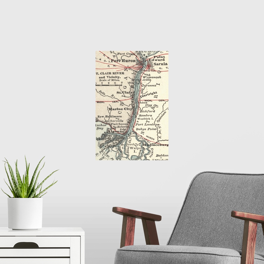 A modern room featuring St. Clair River - Vintage Map