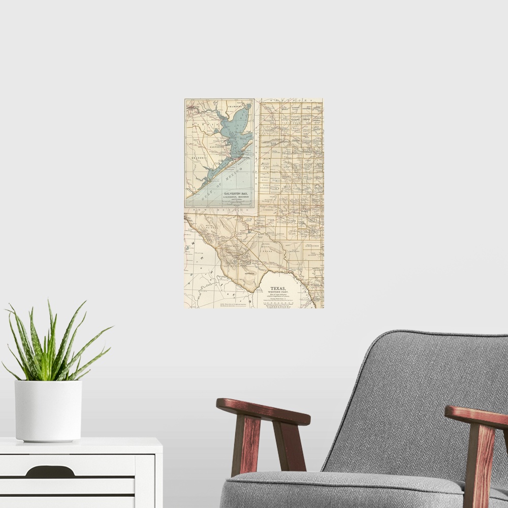 A modern room featuring Texas, Western Part - Vintage Map