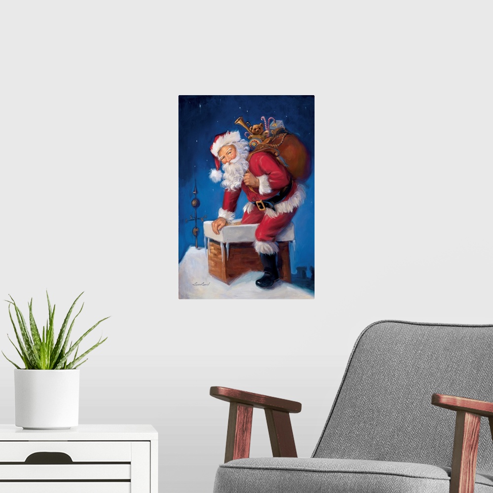 A modern room featuring Here Comes Santa