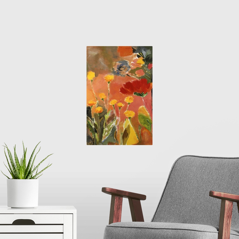 A modern room featuring Painting of large, softly-styled flowers in warm colors and green leaves against an orange backgr...