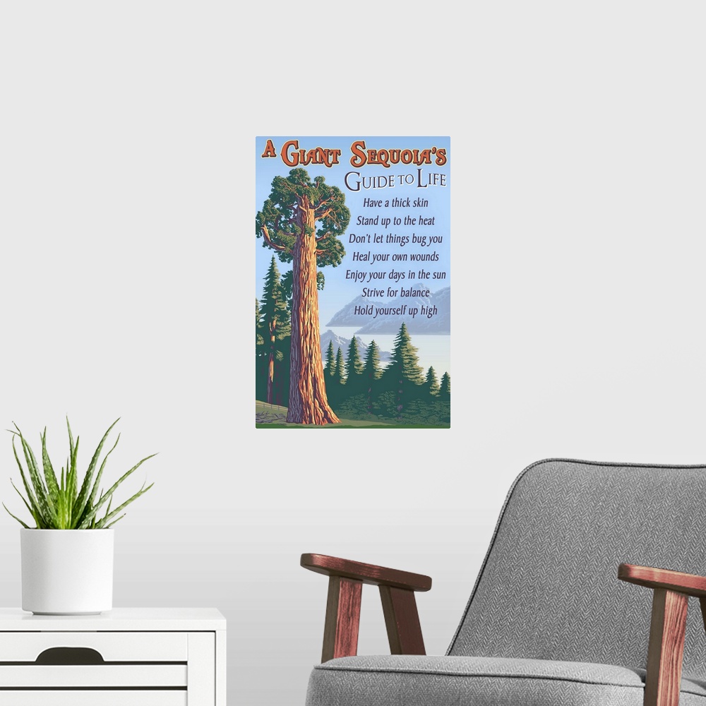 A modern room featuring Retro stylized art poster of a giant sequoia tree.