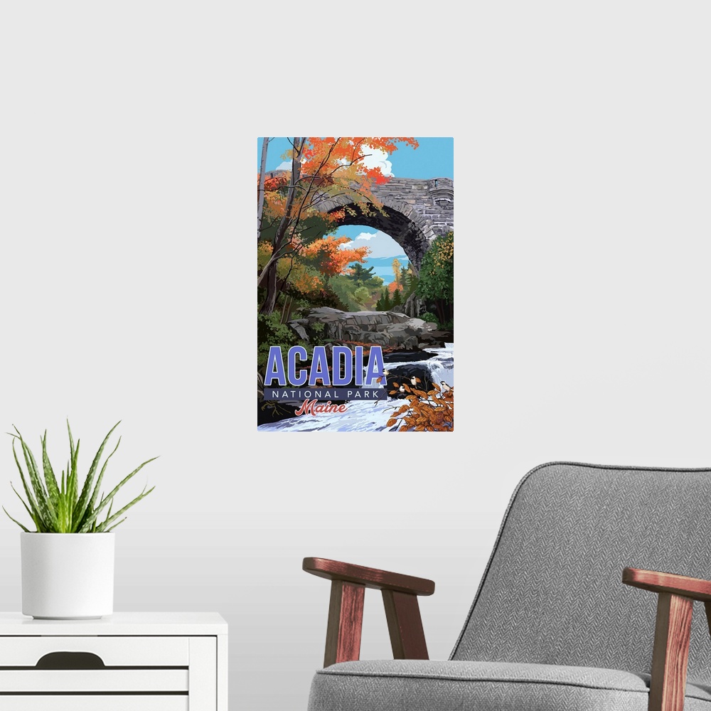 A modern room featuring Acadia National Park, Duck Brook Bridge: Retro Travel Poster