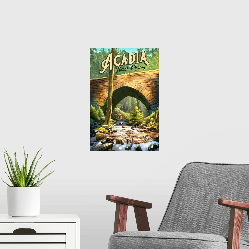 A modern room featuring Acadia National Park, Hemlock Bridge: Retro Travel Poster