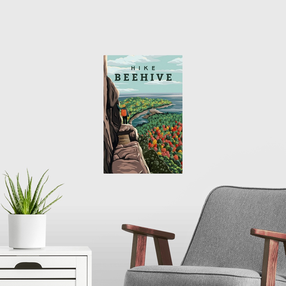 A modern room featuring Acadia National Park, Maine - Hike Beehive - Fall - Illustration