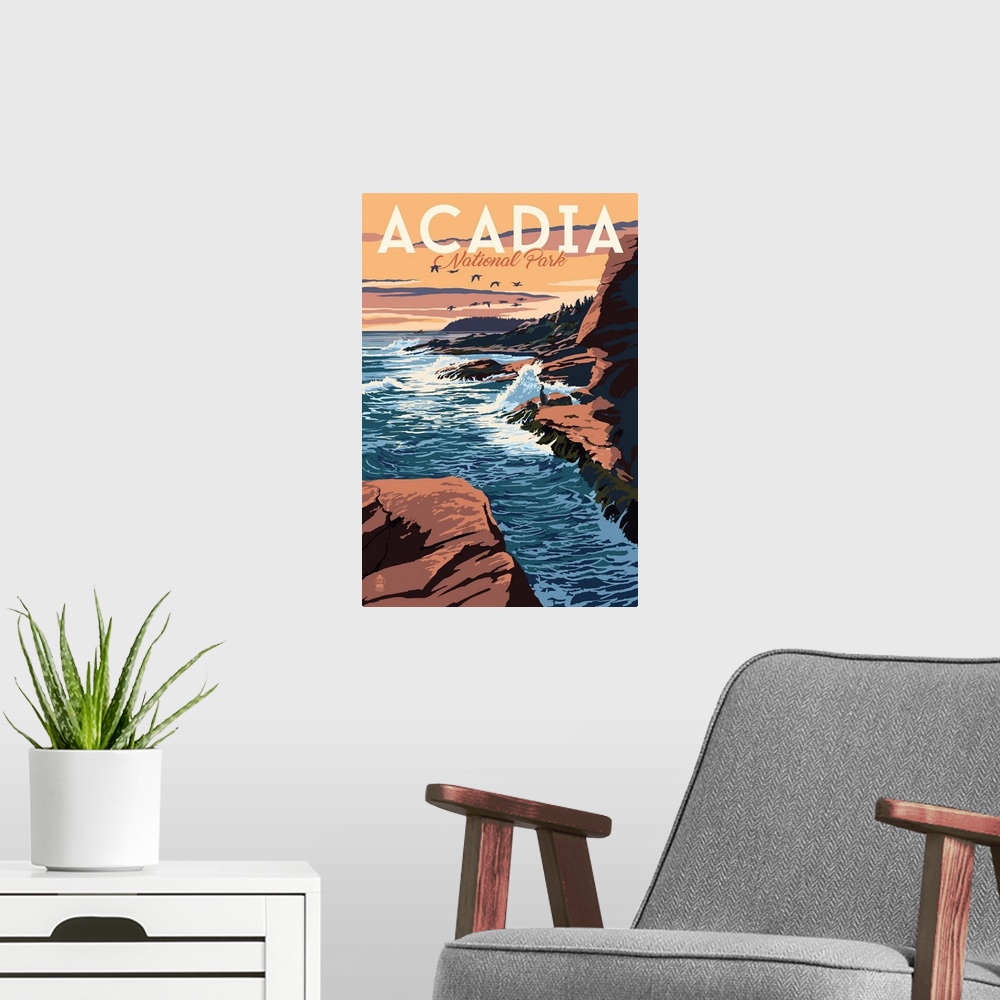 A modern room featuring Acadia National Park, Rocky Beach: Retro Travel Poster