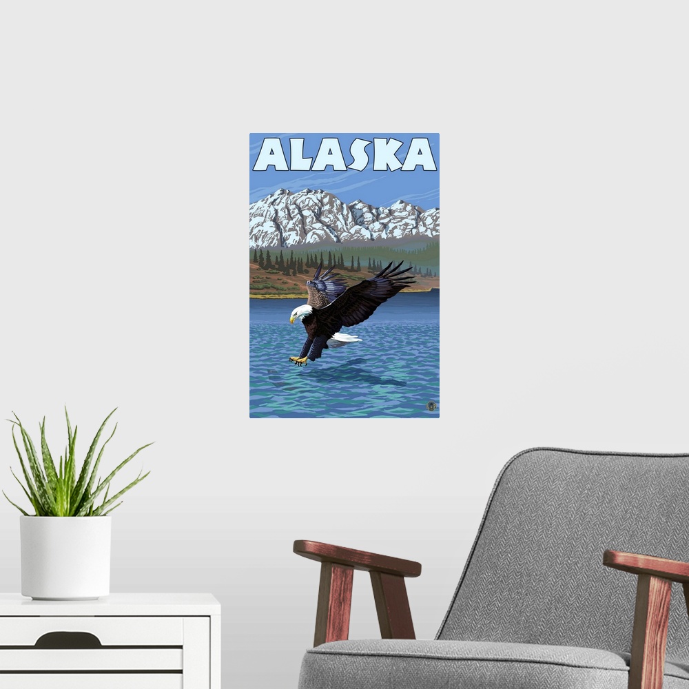 A modern room featuring Alaska - Bald Eagle: Retro Travel Poster