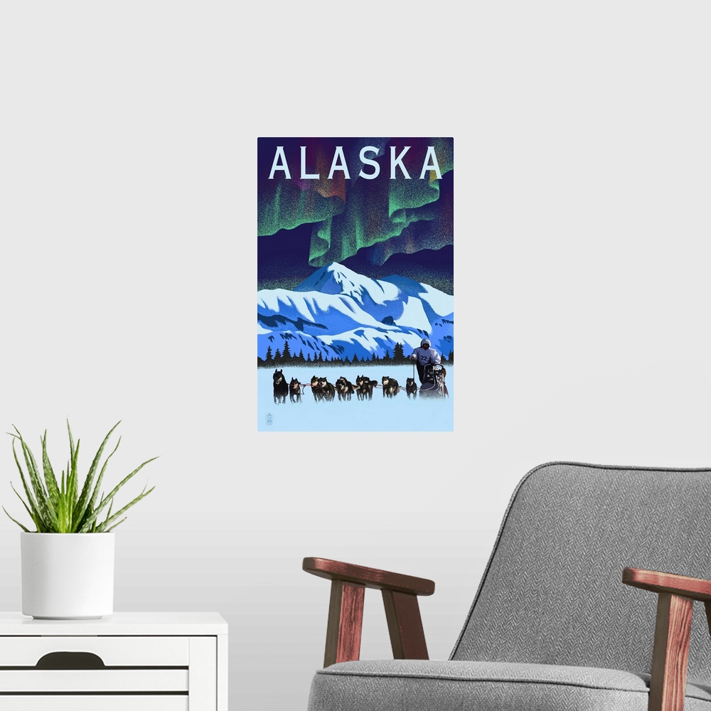 A modern room featuring Alaska - Northern Lights & Dog Sled - Lithograph